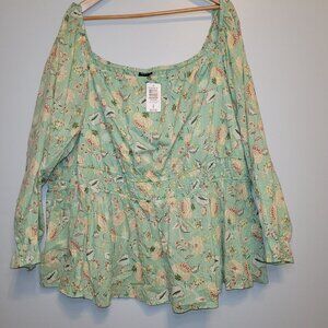 NWT Torrid Green Spring Summer Floral Peplum Long Sleeve Blouse Top Plus 5X 28